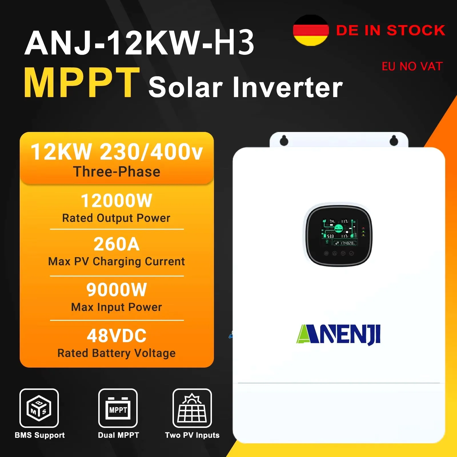 12KW 48V Hybrid Solar Inverter Pure Sine 48V 220V/400VAC Dual MPPT 260A Solar Charge Controller PV 800VDC Single Three-Phase