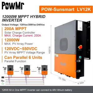 12KW 48V Split Phase Solar Inverter 120Vac/208Vac/240Vac Output Build in MPPT 200A Controller&Wi-Fi Max PV 600Vdc Input