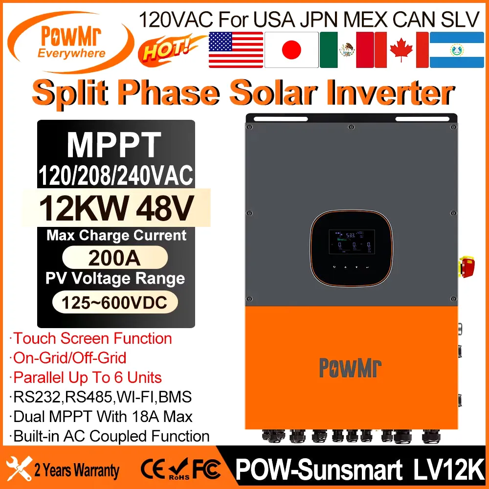 12KW 48V Split Phase Solar Inverter 120Vac/208Vac/240Vac Output Build in MPPT 200A Controller&Wi-Fi Max PV 600Vdc Input