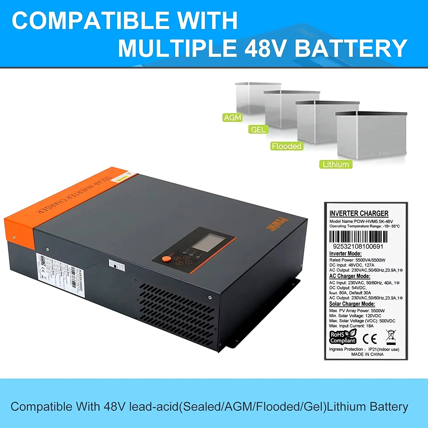 18.6KW Hybrid Solar Inverter 48V 220V/380V 3 Phase Inverter 15KW with MPPT 80A Solar Controller Work without Battery