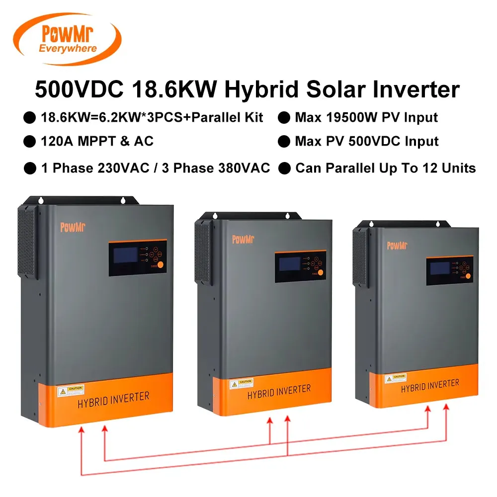 18.6KW Three Phase Hybrid Solar Inverter 48V to 220VAC/380VAC with 120A MPPT Solar Charge Controller Can Parallel 12 Units