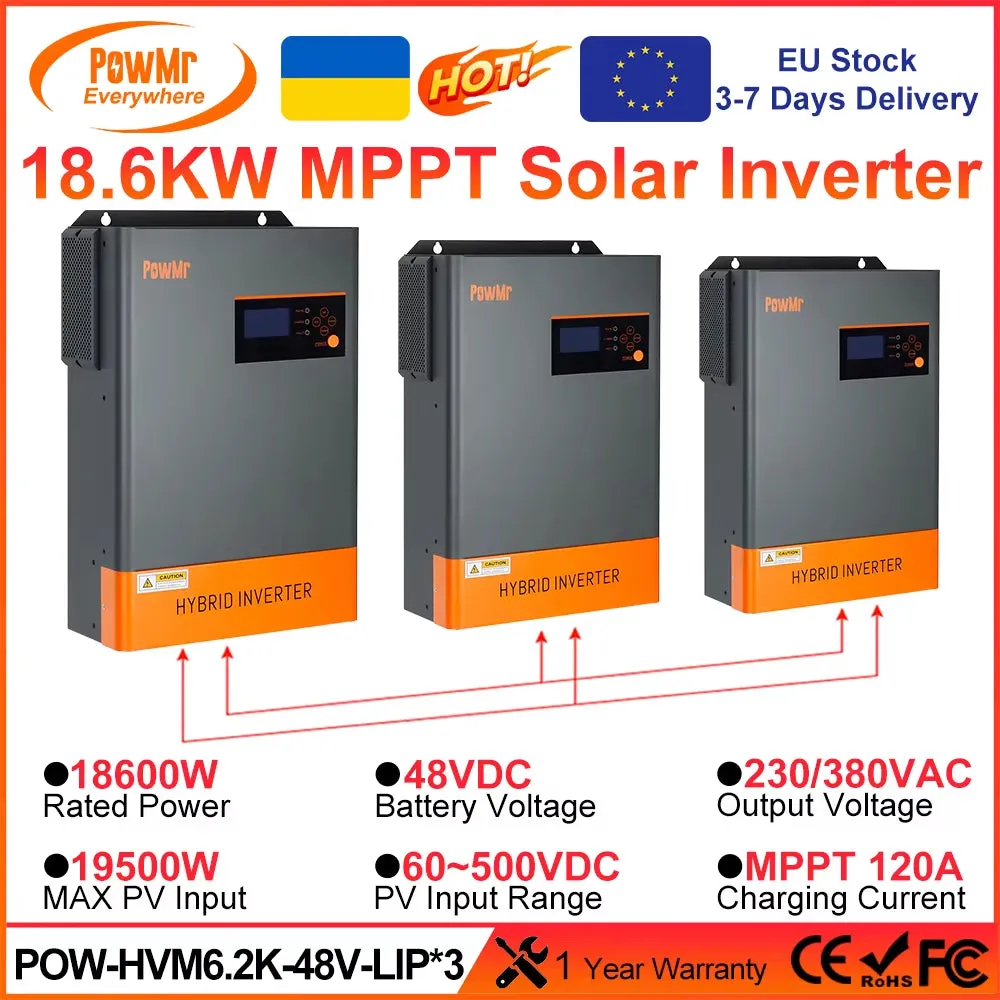 18.6KW Three Phase Hybrid Solar Inverter 48V to 220VAC/380VAC with 120A MPPT Solar Charge Controller Can Parallel 12 Units