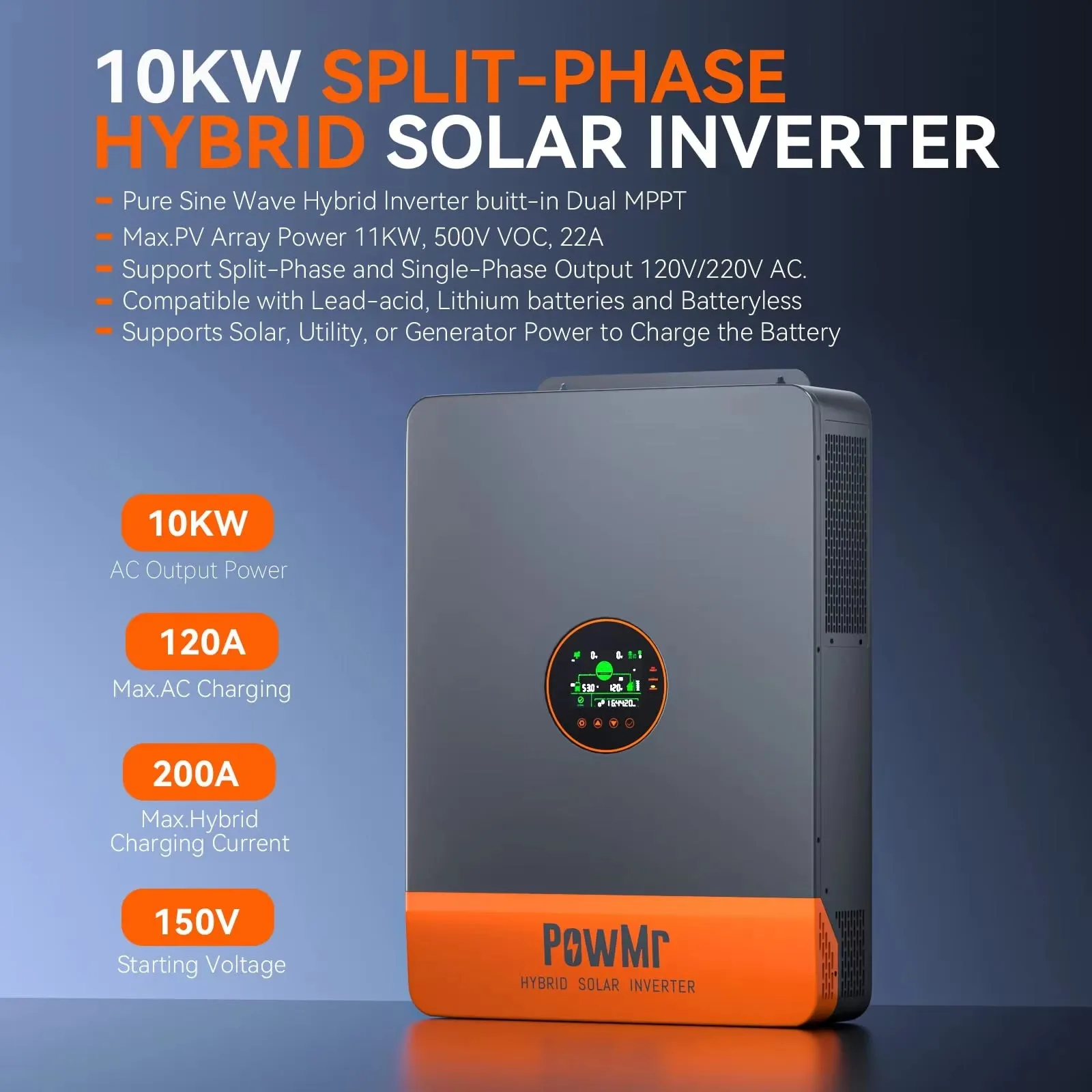 2 MPPT Hybrid Solar Inverter 10KW Split Phase Single Phase MPPT 200A 48V 110V 120V 220V 230V Solar Inverter for Home RV