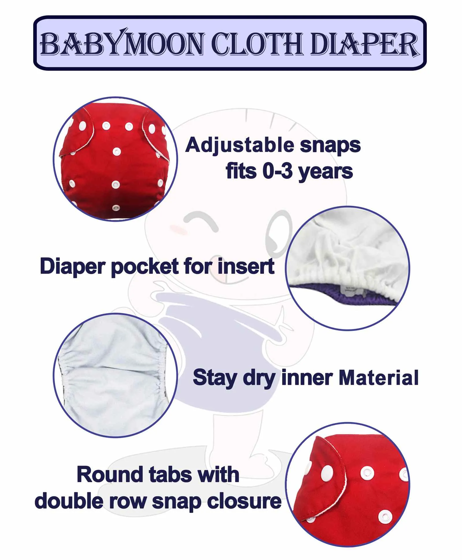 Babymoon Free Size Washable & Reusable 4 Cloth Diapers With 4 Grey Insert - Pack of 8