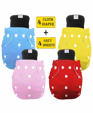Babymoon Free Size Washable & Reusable 4 Cloth Diapers With 4 Grey Insert - Pack of 8