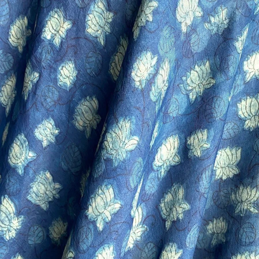 Blue Lotus Flower Liquid Drape Mulberry SILK Hand Block Print from India By the Yard  #TK-59
