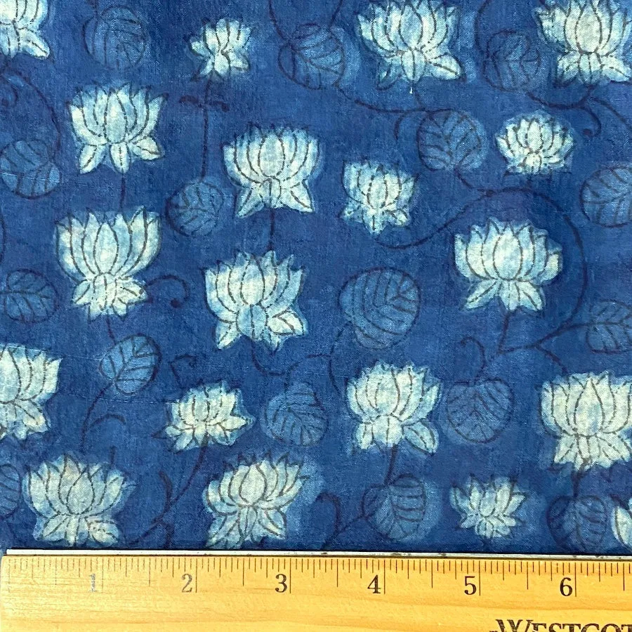 Blue Lotus Flower Liquid Drape Mulberry SILK Hand Block Print from India By the Yard  #TK-59