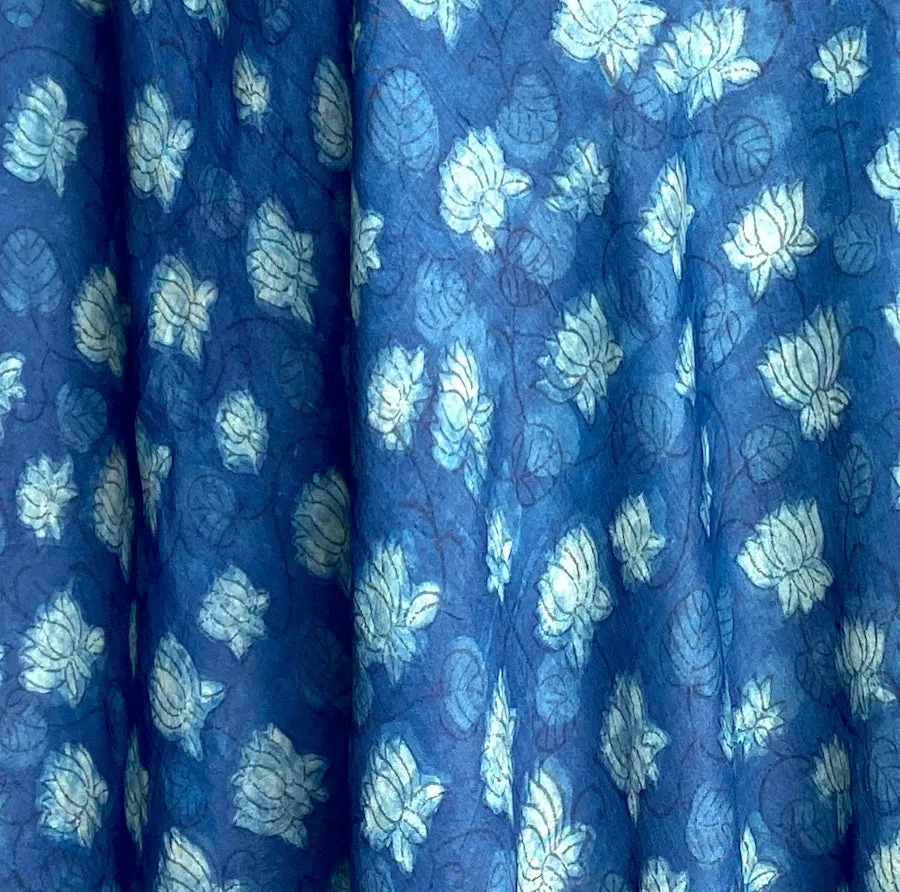 Blue Lotus Flower Liquid Drape Mulberry SILK Hand Block Print from India By the Yard  #TK-59