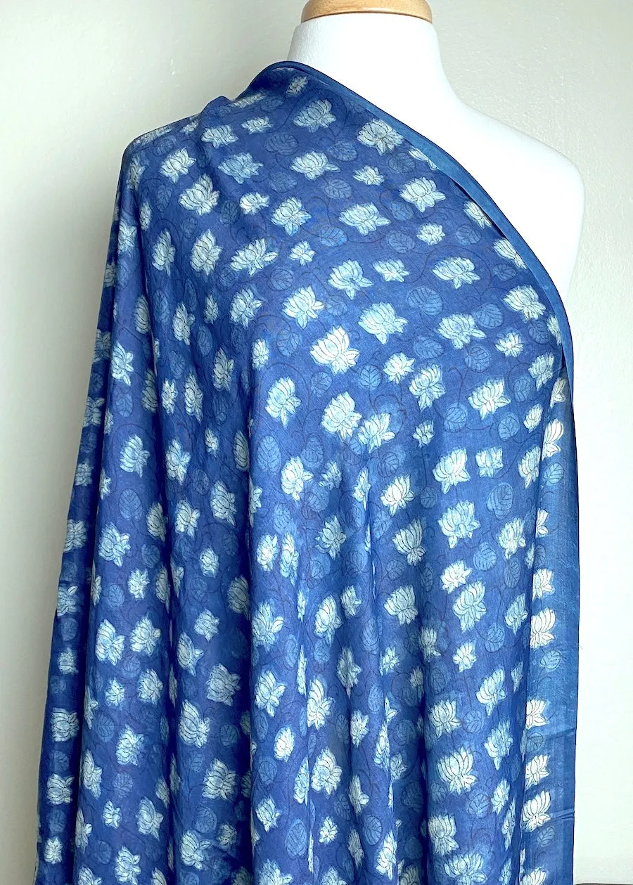 Blue Lotus Flower Liquid Drape Mulberry SILK Hand Block Print from India By the Yard  #TK-59