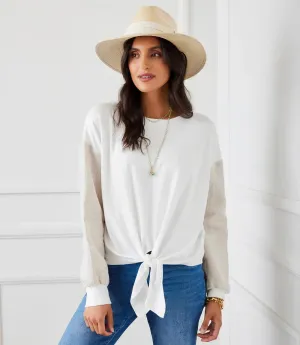 Chiara Contrast Tie Top in Off White with Oat - Karen Kane 1L05525
