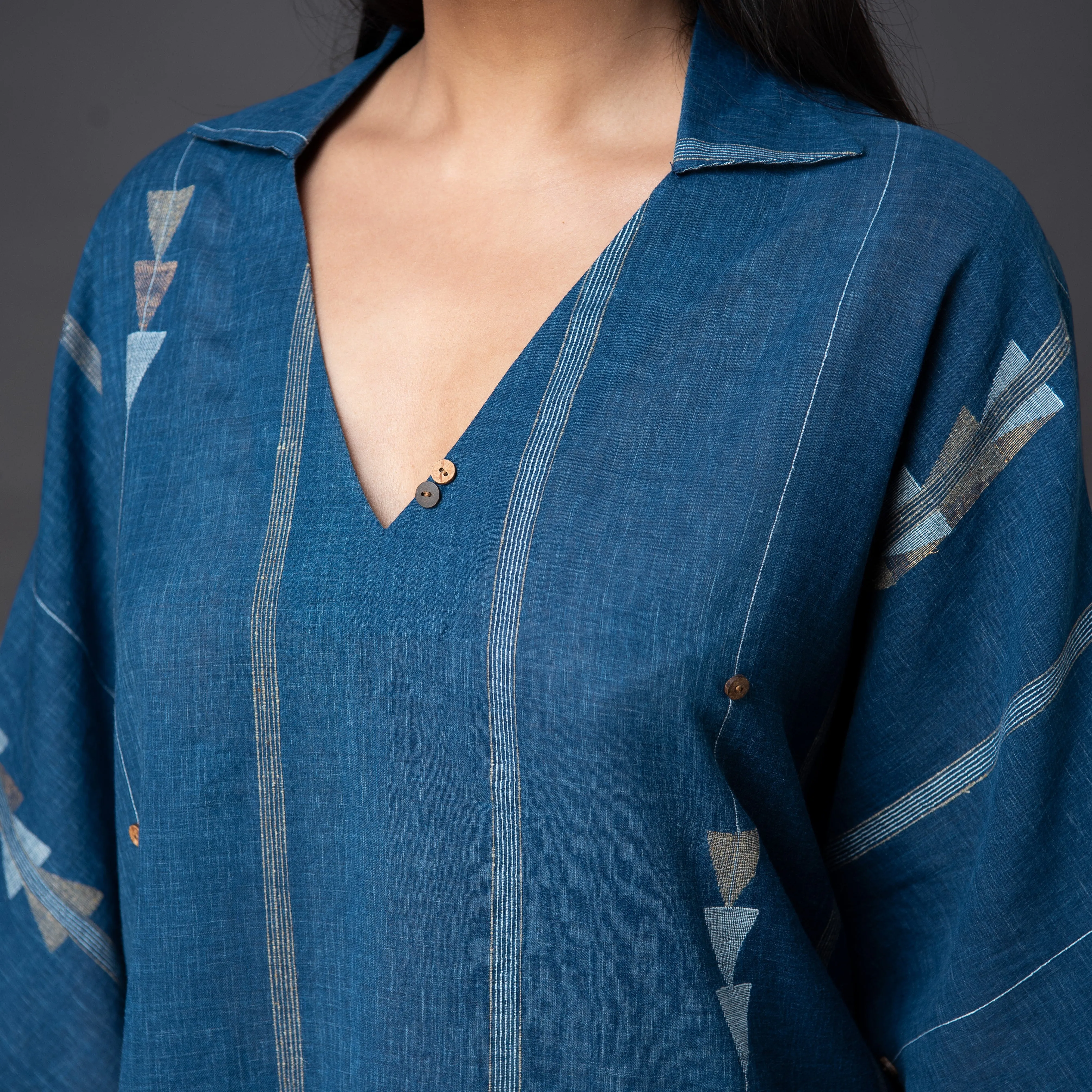 India, Karomi Crafts & Textiles, Indigo Random Triangle Jamdani A-Line Top