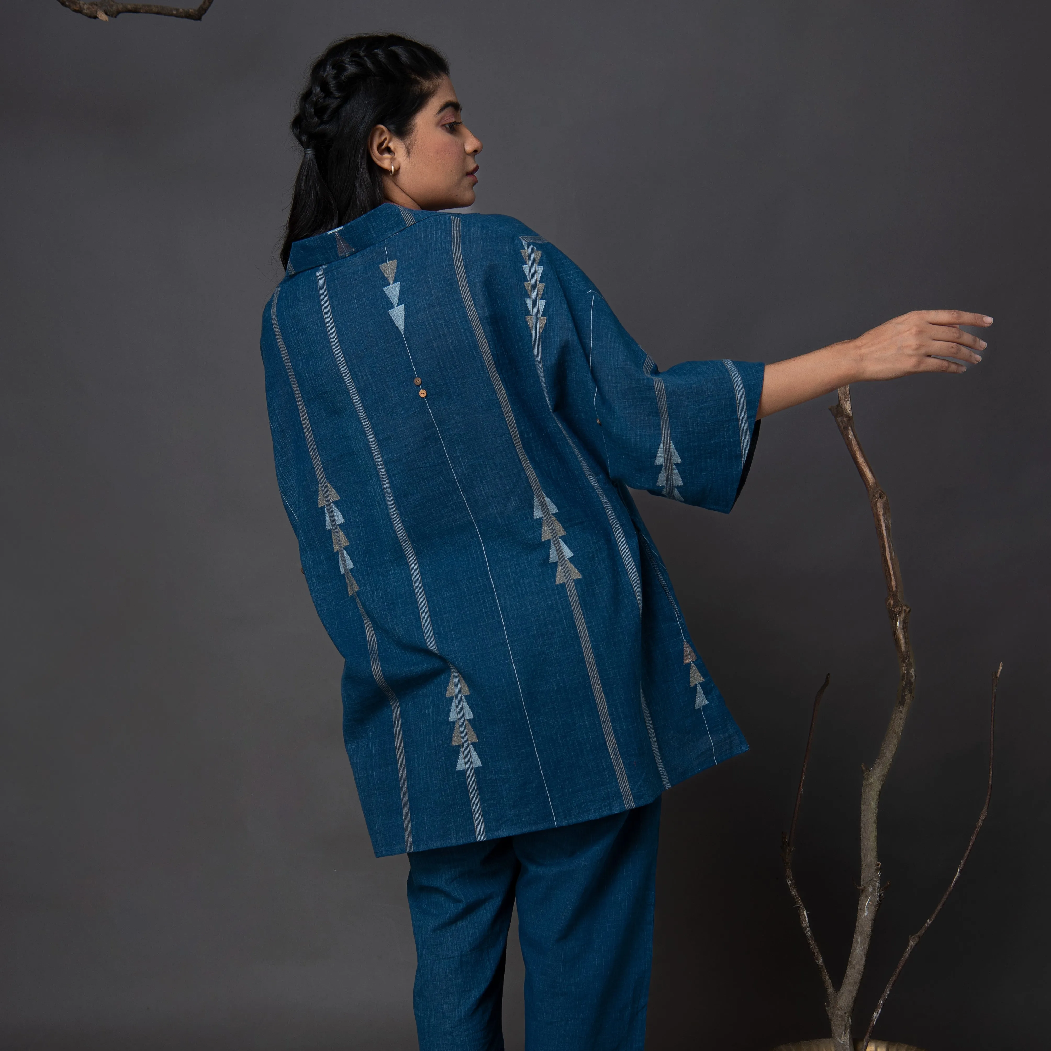 India, Karomi Crafts & Textiles, Indigo Random Triangle Jamdani A-Line Top