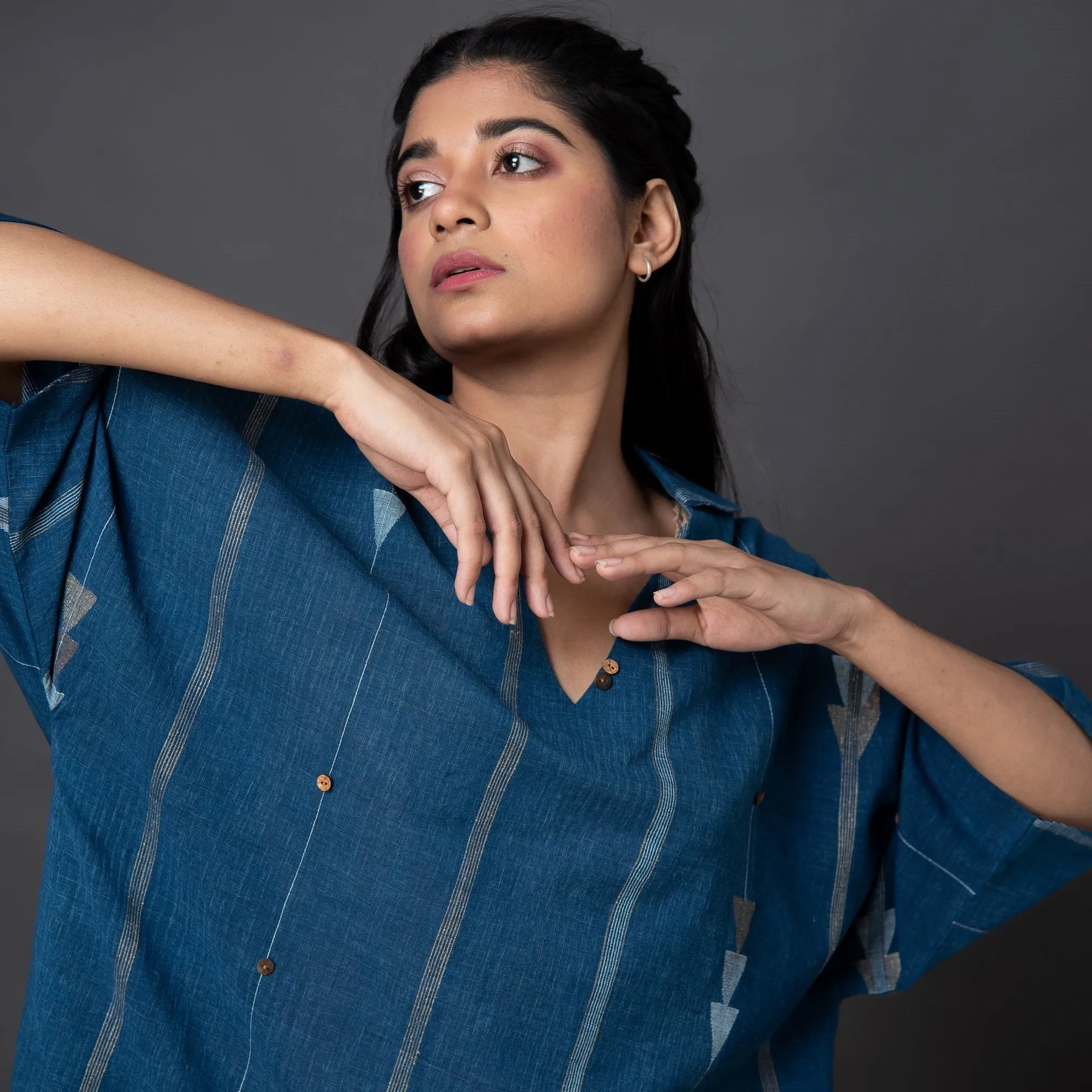 India, Karomi Crafts & Textiles, Indigo Random Triangle Jamdani A-Line Top