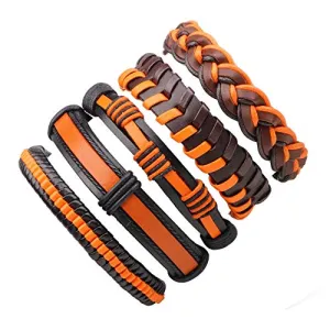 Marshal 5 PCS Braided Leather Bracelet Punk Cuff Wrap Bracelets for Men Women Adjustable Orange/Black