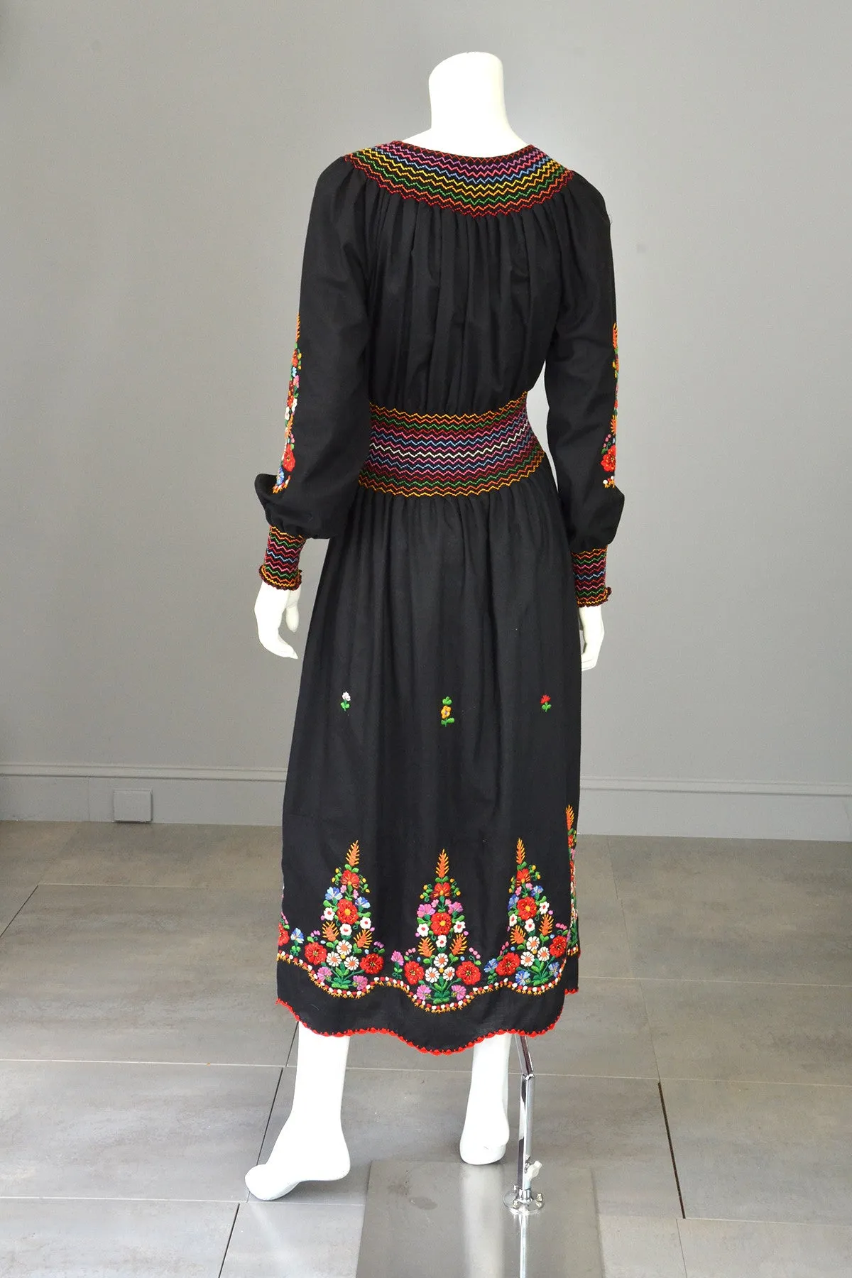 Vtg Embroidered Flowers on Black Hungarian style Peasant Dress