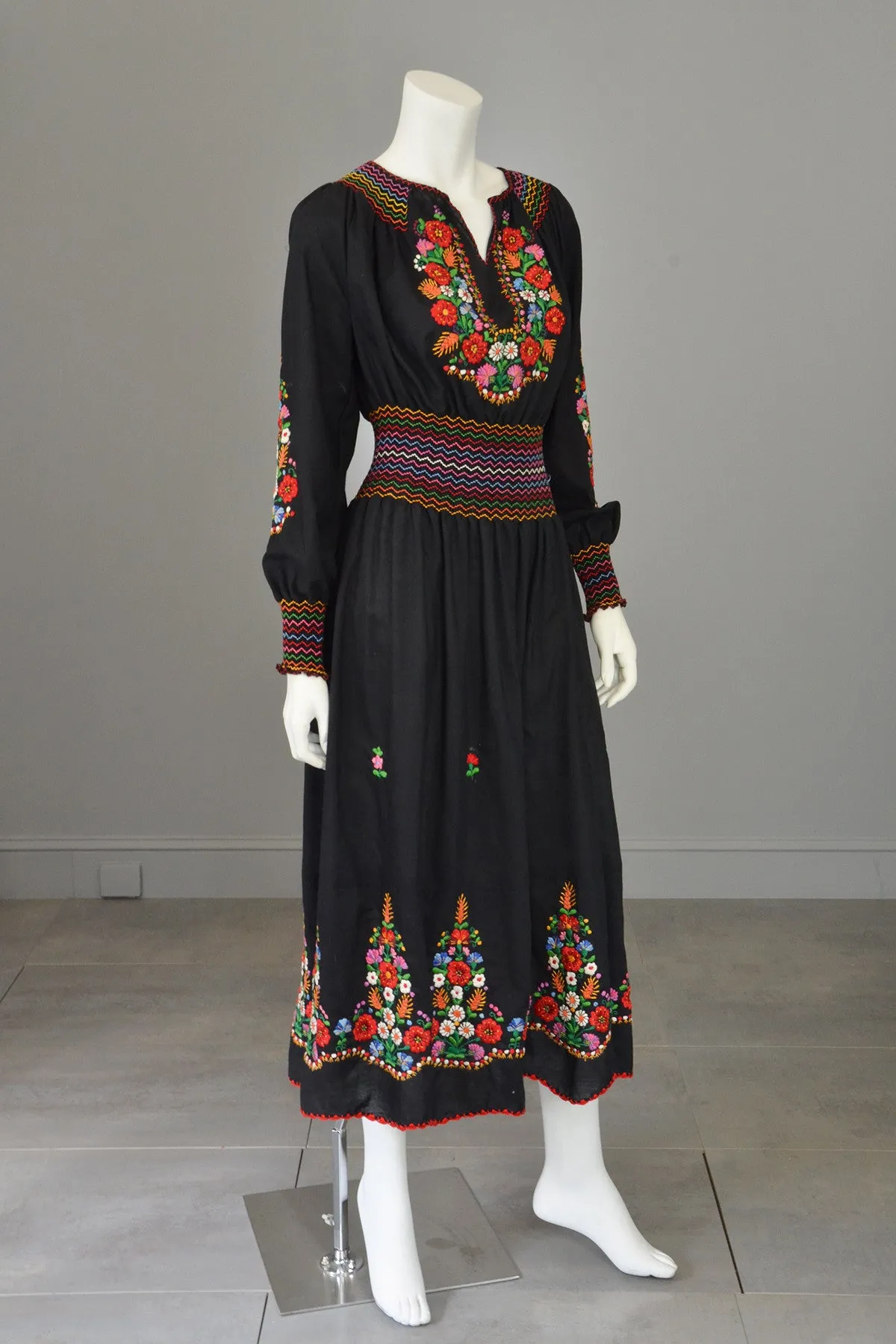 Vtg Embroidered Flowers on Black Hungarian style Peasant Dress
