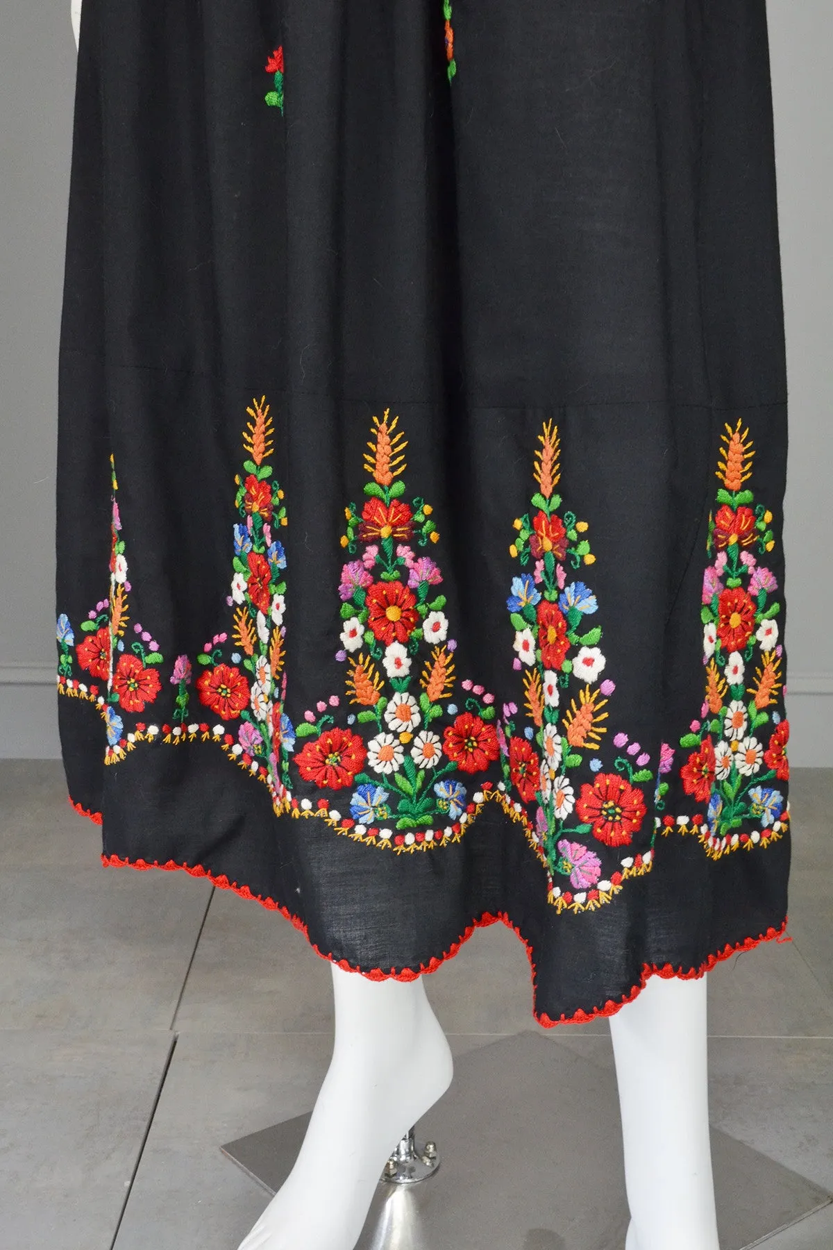 Vtg Embroidered Flowers on Black Hungarian style Peasant Dress
